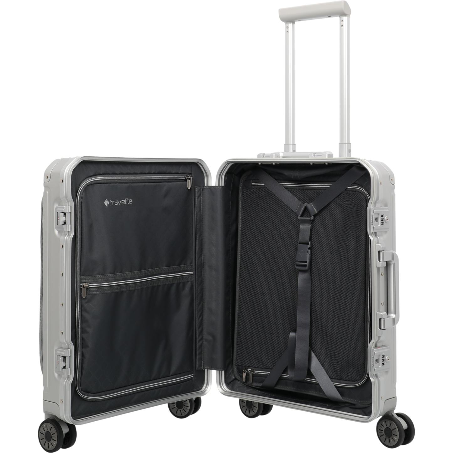 Travelite Next 4-Rollen-Bordtrolley aus Aluminium mit Vortasche 55 cm -Silber KOFFER-PLUS.COM
