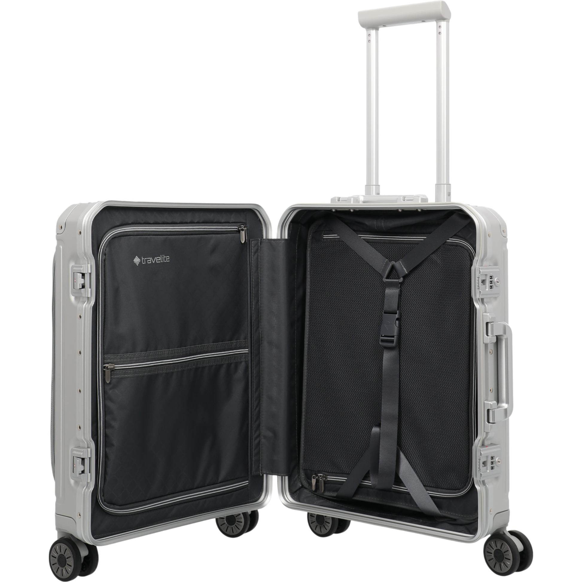 Travelite Next 4-Rollen-Bordtrolley aus Aluminium mit Vortasche 55 cm -Silber KOFFER-PLUS.COM