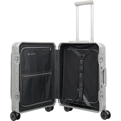 Travelite Next 4-Rollen-Bordtrolley aus Aluminium mit Vortasche 55 cm -Silber KOFFER-PLUS.COM