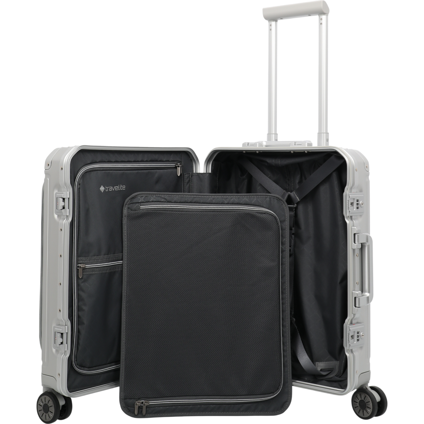 Travelite Next 4-Rollen-Bordtrolley aus Aluminium mit Vortasche 55 cm -Silber KOFFER-PLUS.COM