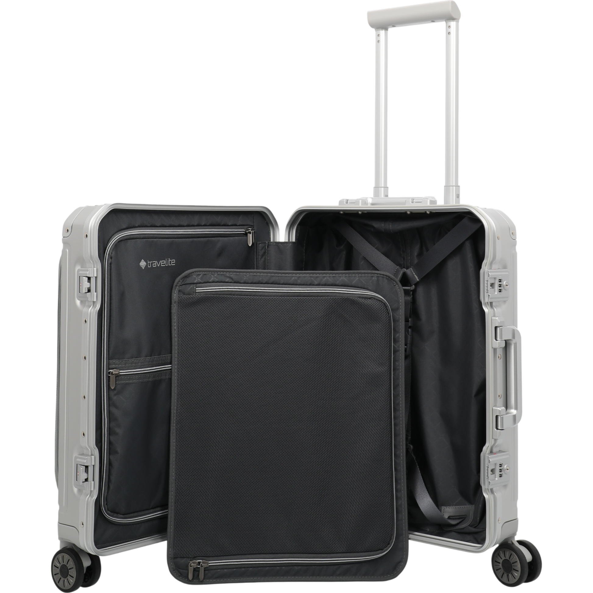 Travelite Next 4-Rollen-Bordtrolley aus Aluminium mit Vortasche 55 cm -Silber KOFFER-PLUS.COM