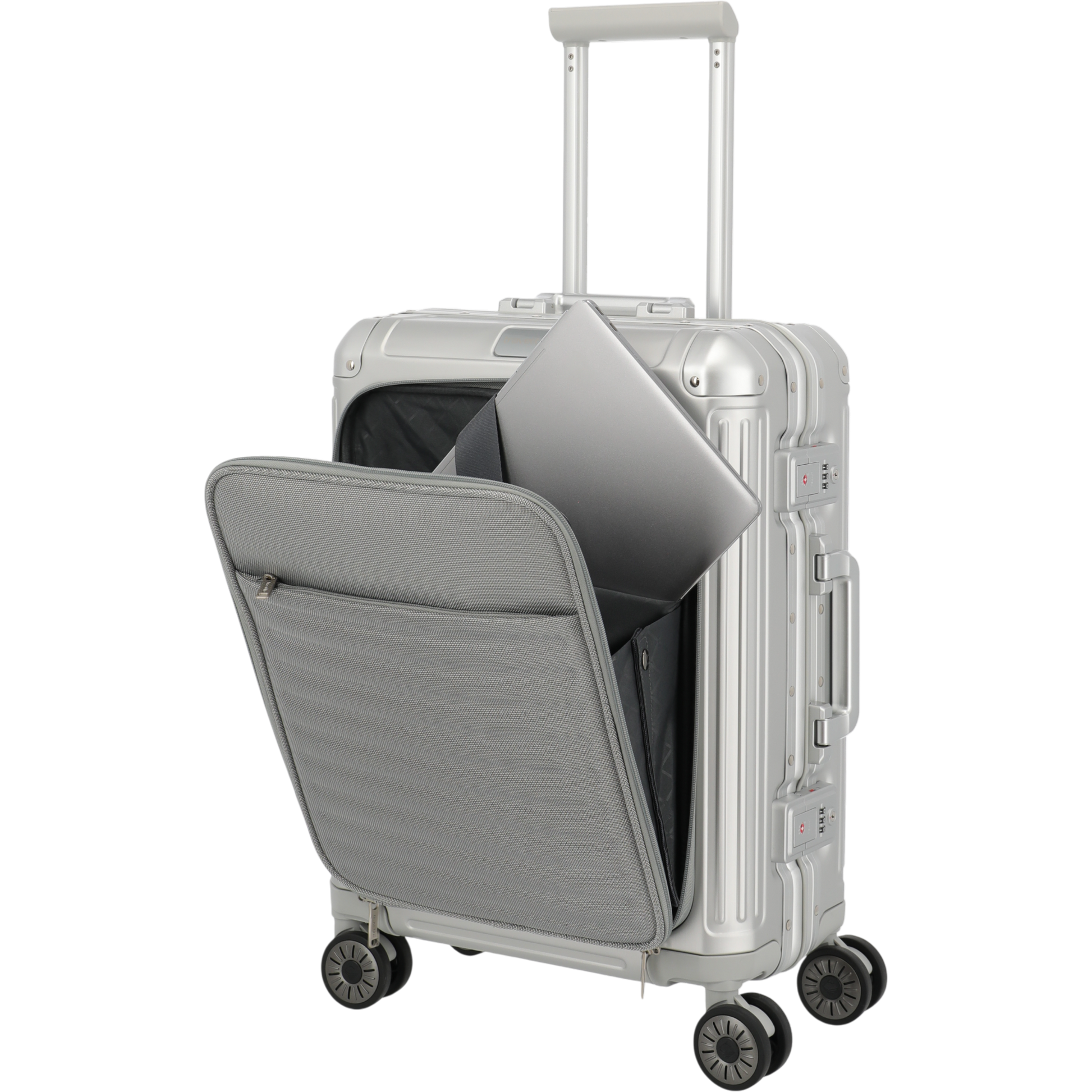 Travelite Next 4-Rollen-Bordtrolley aus Aluminium mit Vortasche 55 cm -Silber KOFFER-PLUS.COM