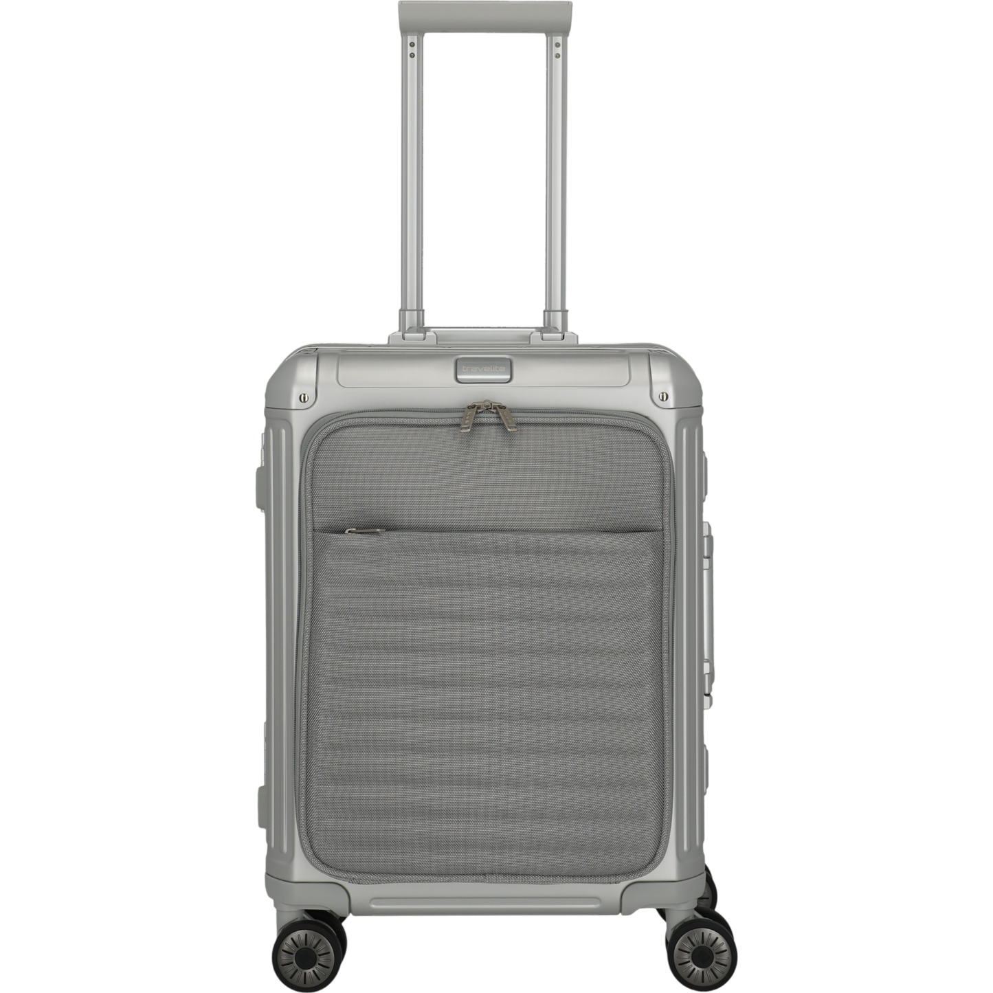 Travelite Next 4-Rollen-Bordtrolley aus Aluminium mit Vortasche 55 cm -Silber KOFFER-PLUS.COM