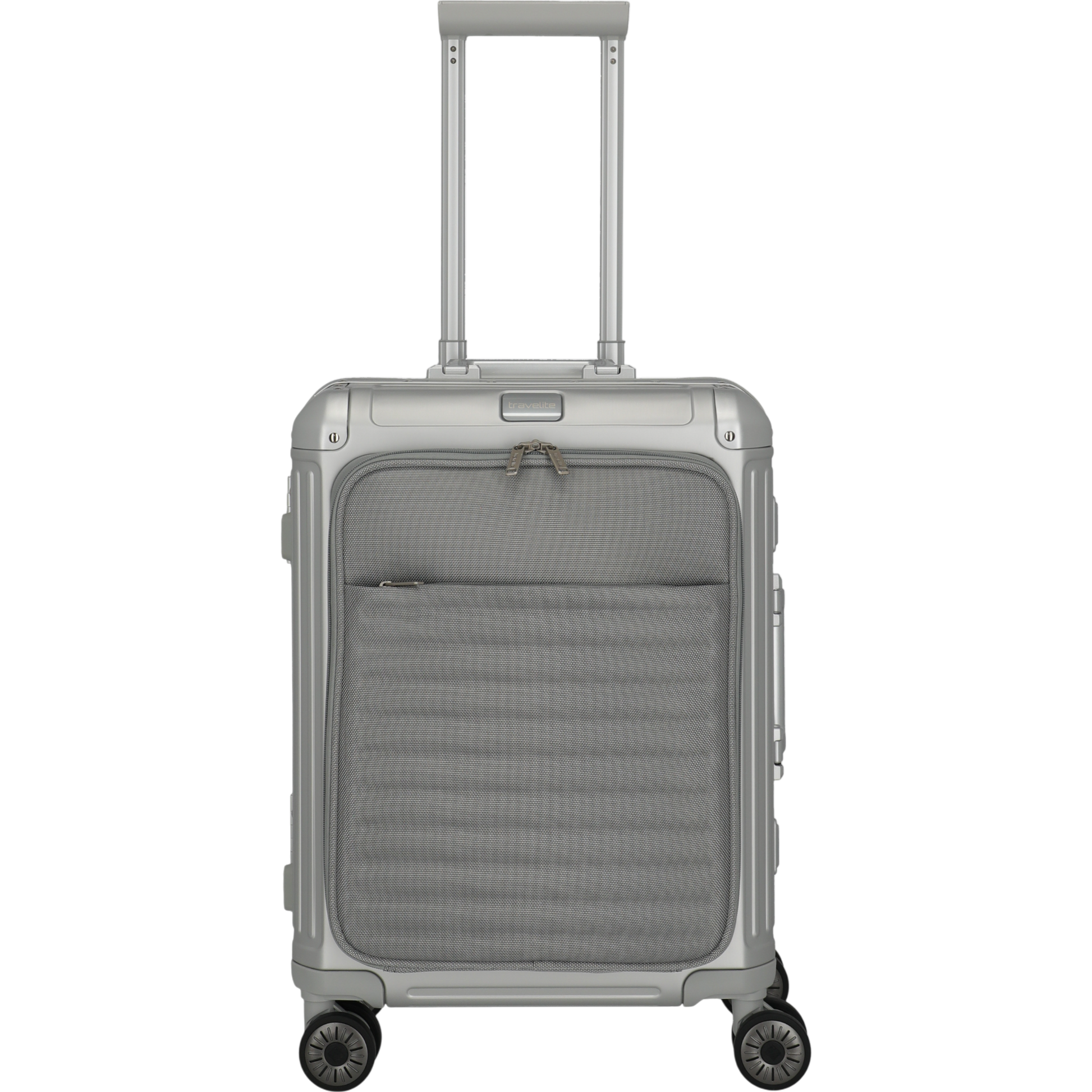 Travelite Next 4-Rollen-Bordtrolley aus Aluminium mit Vortasche 55 cm -Silber KOFFER-PLUS.COM