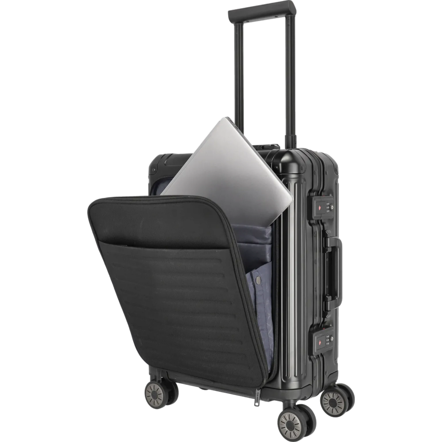 Travelite Next  4-Rollen-Bordtrolley aus Aluminium mit Vortasche 55 cm KOFFER-PLUS.COM