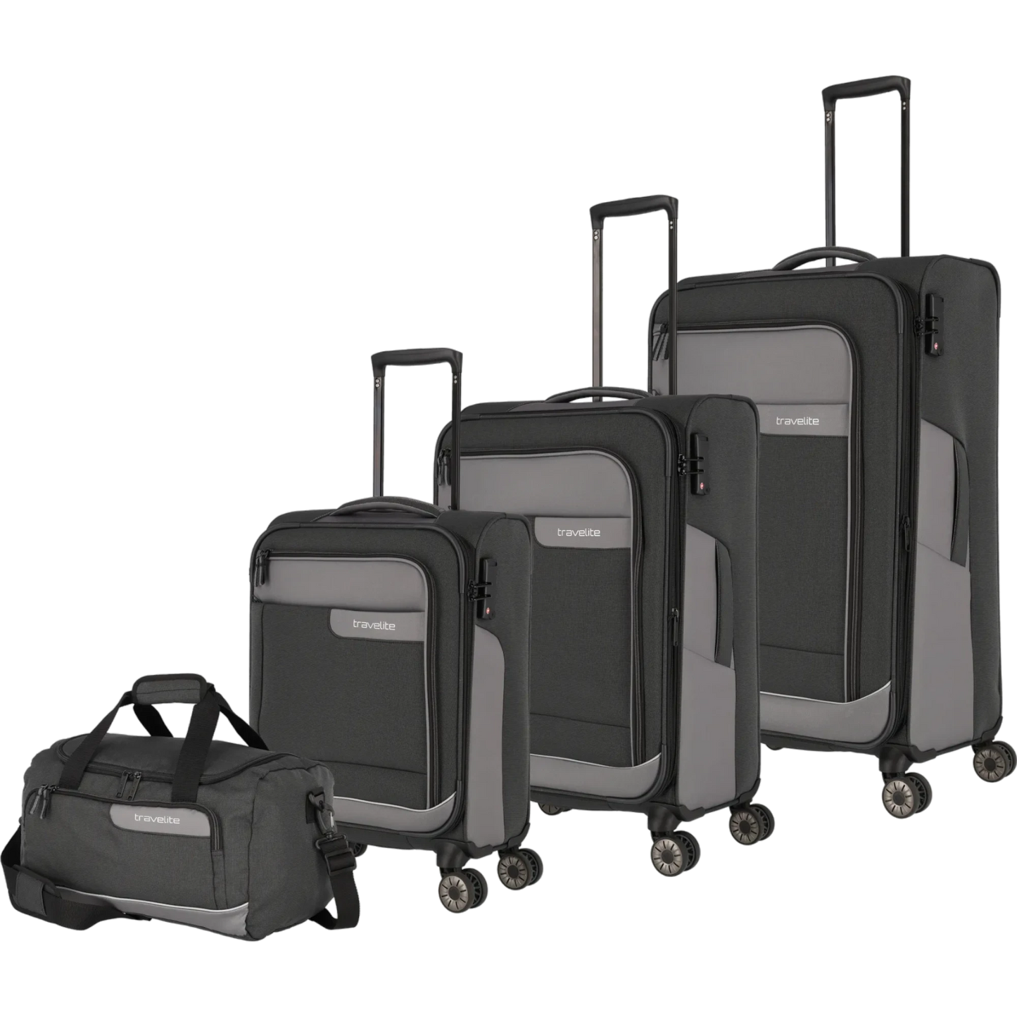 Travelite Viia  4-Rollen Kofferset 4tlg. L/M/S + Reisetasche -Schiefer KOFFER-PLUS.COM