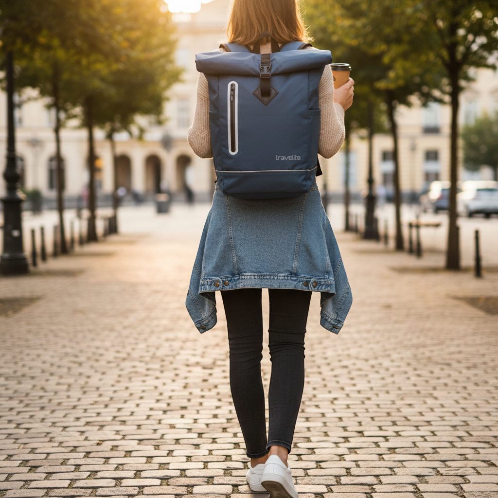 KOFFER-PLUS.COM blue tarp rollup rucksack, 48cm, with zip pocket and reflective trim.