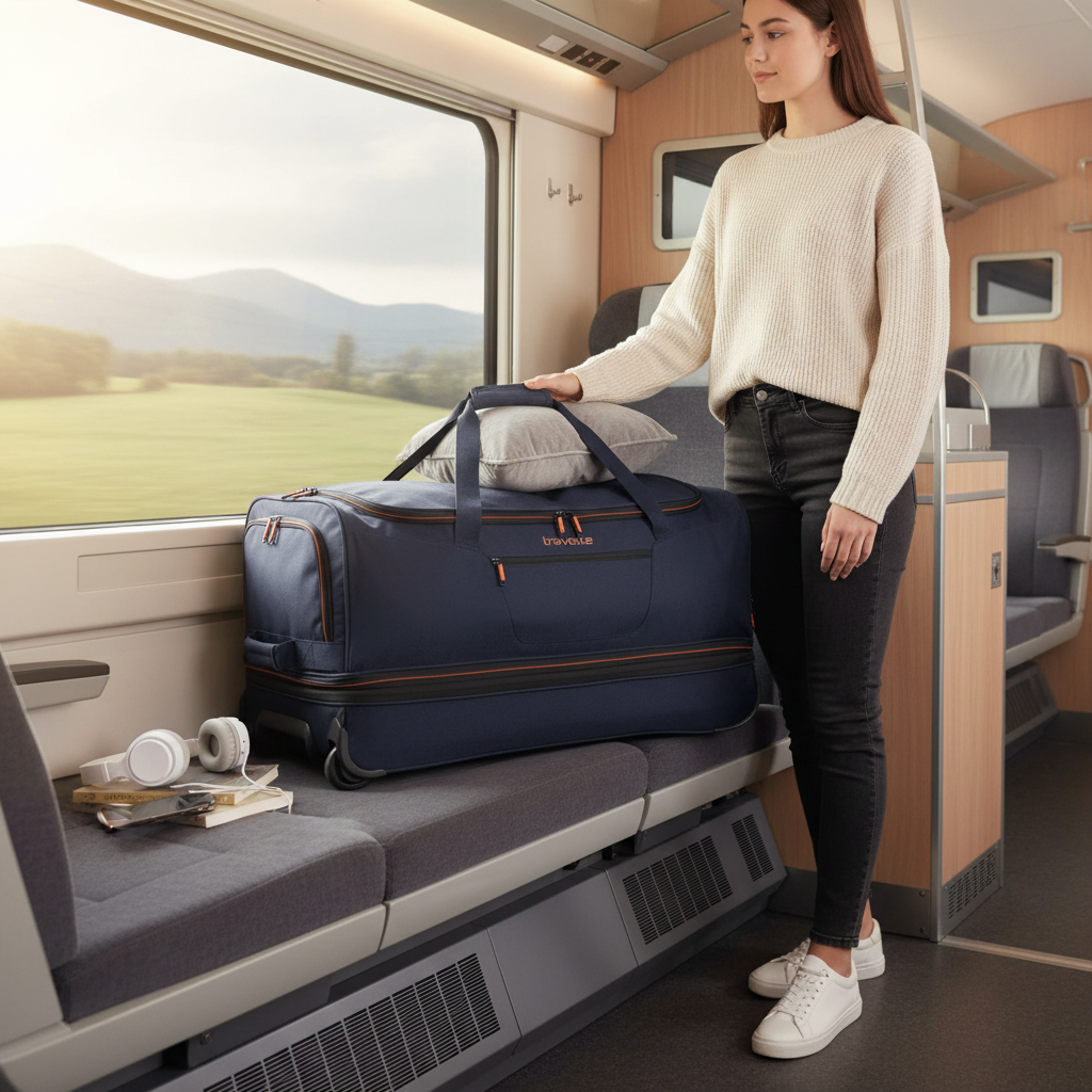 KOFFER-PLUS.COM navy blue Travelite Basics 70cm wheeled duffel bag with orange accents and multiple zippered pockets.