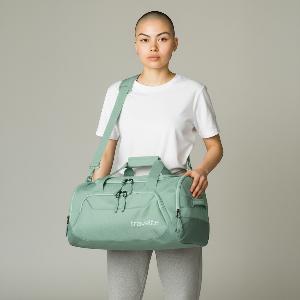 KOFFER-PLUS.COM sage green polyester travel bag with dual handles and adjustable shoulder strap.