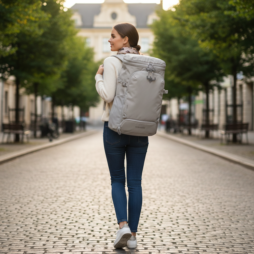 KOFFER-PLUS.COM sand nylon XL rucksack with multiple compartments and padded straps, ideal for travel and hiking.