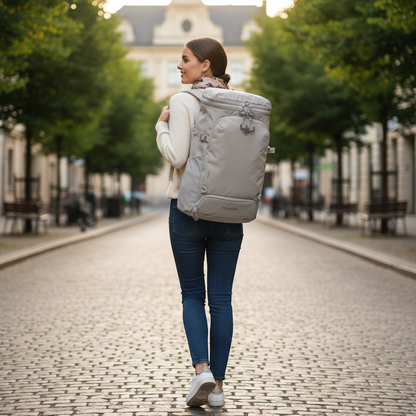 KOFFER-PLUS.COM sand nylon XL rucksack with multiple compartments and padded straps, ideal for travel and hiking.