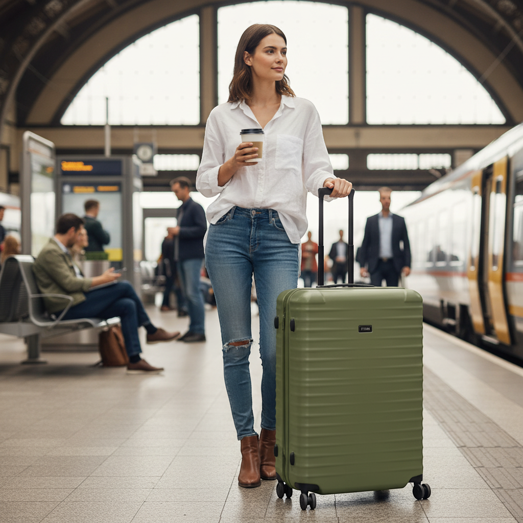 KOFFER-PLUS.COM Titan Overseas L 75cm forest green hard-shell trolley with TSA locks and four spinner wheels.