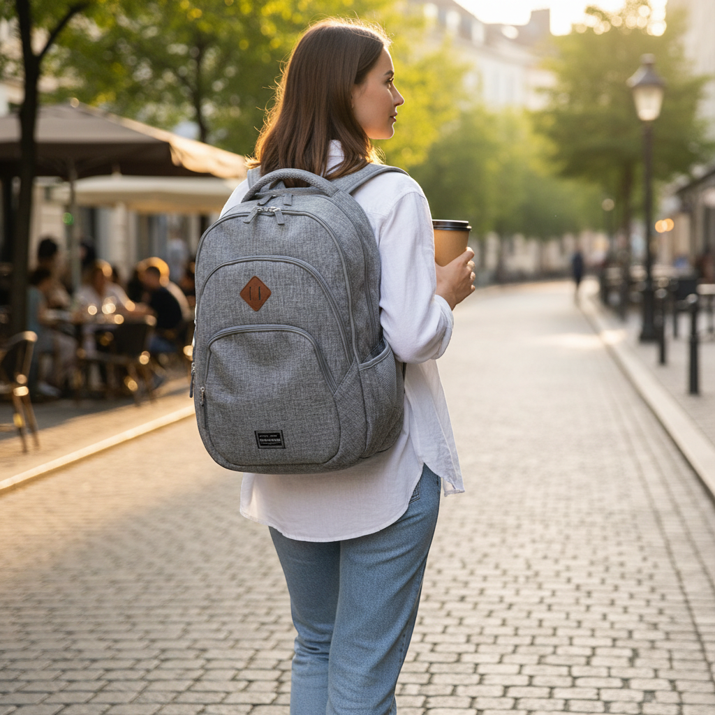 KOFFER-PLUS.COM Travelite Basics 45cm light grey rucksack with laptop compartment and mesh side pocket.