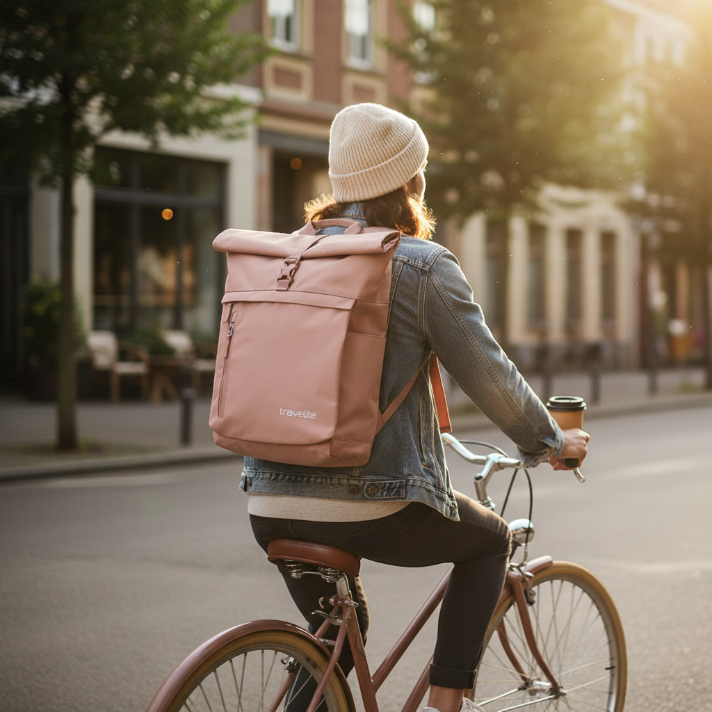 KOFFER-PLUS.COM Travelite Basics rolltop backpack in powder pink. Features a zip pocket and side pockets.