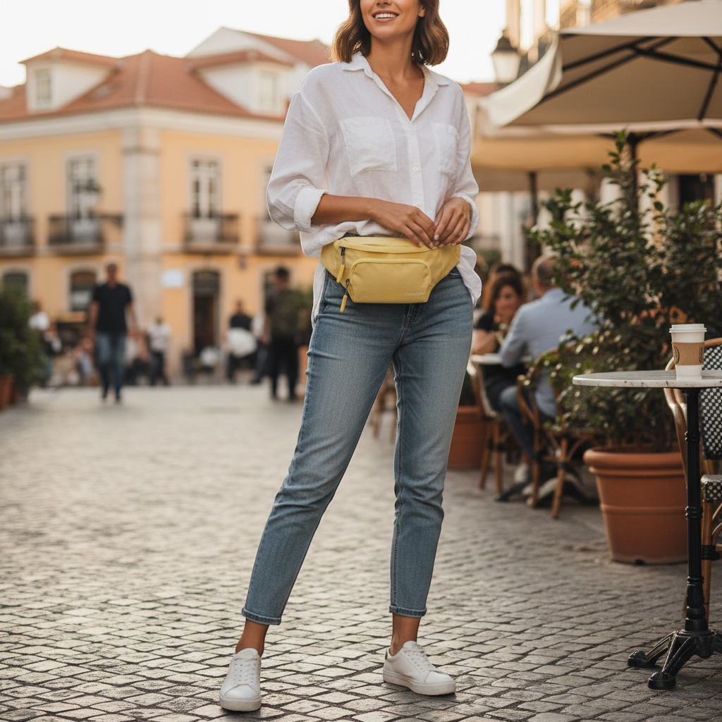 KOFFER-PLUS.COM yellow polyester Travelite Kick Off 30cm waist bag with zip pockets and adjustable strap.