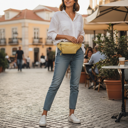KOFFER-PLUS.COM yellow polyester Travelite Kick Off 30cm waist bag with zip pockets and adjustable strap.