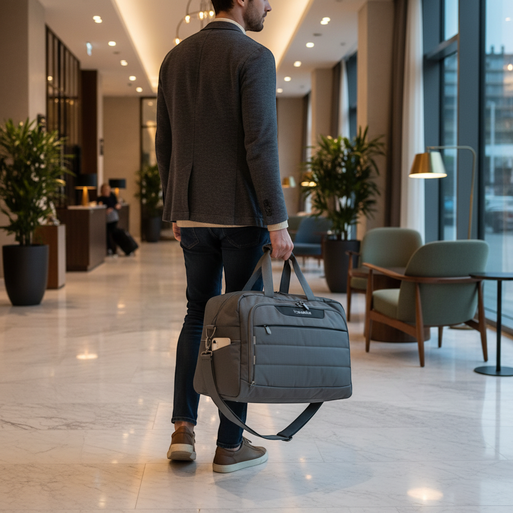 KOFFER-PLUS.COM Travelite Skaii 49cm weekender bag in summit grey recycled polyester with backpack function and multiple pockets.